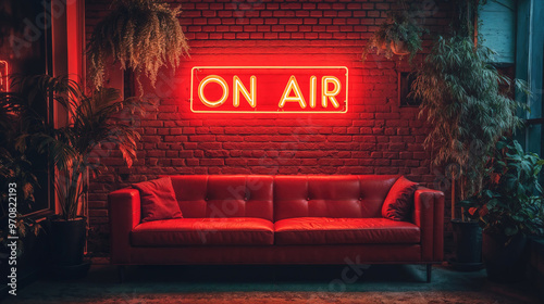 Background of a room with a red leather sofa with a neon sign that says “On Air” above it.