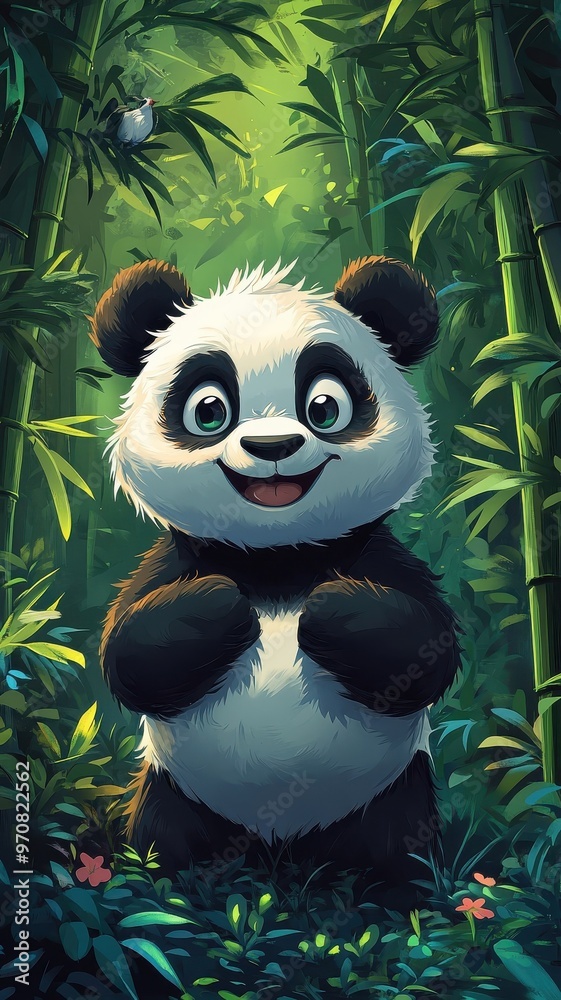 Cartoon art style, a panda with exaggerated features and a friendly grin, set in a whimsical bamboo forest with bright colors and playful elements. Cartoon art style, a panda with exaggerated features and a friendly grin, set in a whimsical bamboo forest with bright colors and playful elements.
