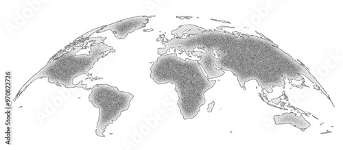 Abstract noise stipple black blank silhouette of world map isolated on white background. Retro graphic halftone grain, pointillism element for poster, card, or infographic. Vector illustration