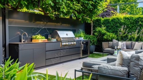 A modern outdoor kitchen cabinet with a sleek design and multiple compartments. The cabinet is located in a backyard setting with lush greenery photo