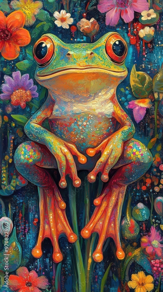 Fototapeta premium Playful, Textured pattern, a frog illustrated with lively, intricate patterns and dynamic textures, creating a vibrant and engaging image.