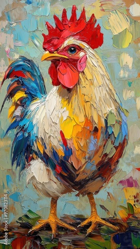 Oil painting style, a chicken depicted with rich, textured brushstrokes, capturing its natural plumage and vibrant colors in a classic and detailed manner. photo