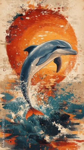 A playful dolphin illustration with a textured pattern, combining dynamic shapes and vivid hues for an energetic and engaging look. photo