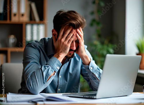 Stressed man at desk with laptop and documents, representing work-related stress or financial crisis