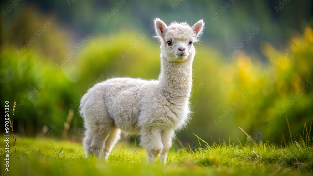 Fototapeta premium A sweet baby alpaca stands in a lush green field, its fluffy white fur glistening in the sunlight,