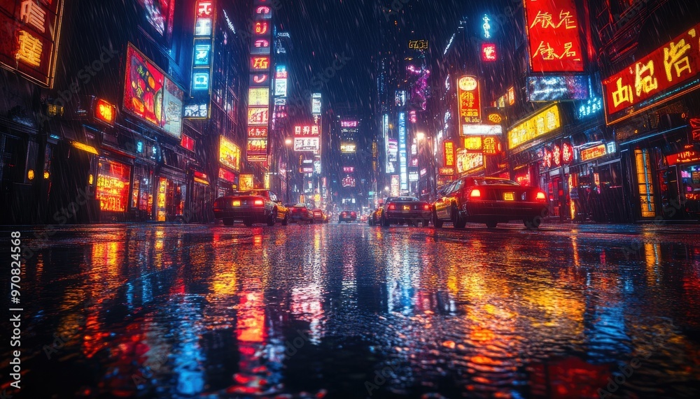 Neon Lights Reflecting in Rainy Street
