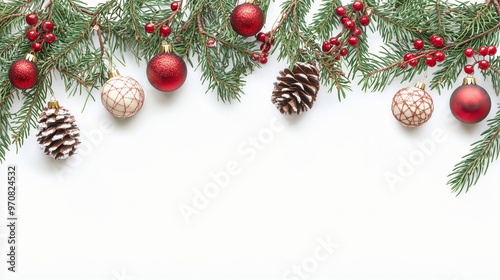 Christmas Branches Border with Christmas Decorations isolated over white background.