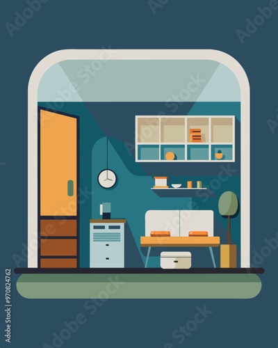 A sleek and modern microapartment designed for a family downsizing to a smaller yet stylish and affordable living space.. Vector illustration photo