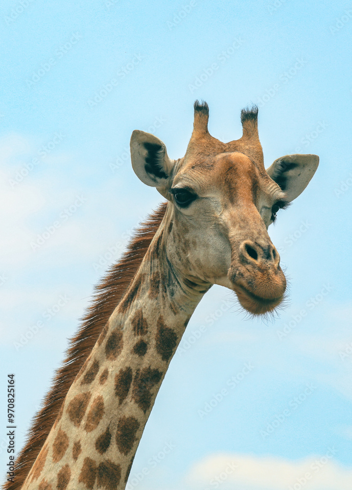 A giraffe stands tall against the clear sky in a national park in Botswana, showcasing its unique patterns and graceful stature A giraffe stands tall against the clear sky in a national park in Botswana, showcasing its unique patterns and graceful stature