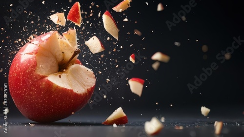 Exploding apple with fragments radiating outwards, representing the breakthrough impact of innovation and creativity photo