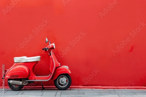 Red vintage scooter against textured wall