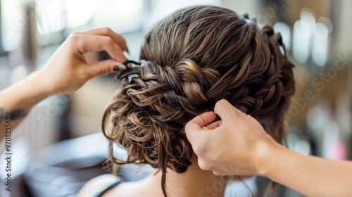 A woman is getting her hair braided into an intricate updo by a stylist, likely in preparation for a wedding. The womans hair is brown and wavy, and the stylist is carefully weaving the braid