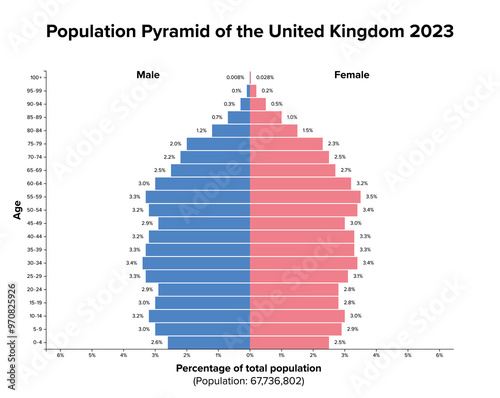 Population pyramid of United Kingdom 2023. Age structure diagram and illustration of the distribution of almost 68 million people, divided into females and males, quoted in percent and 4-year steps.