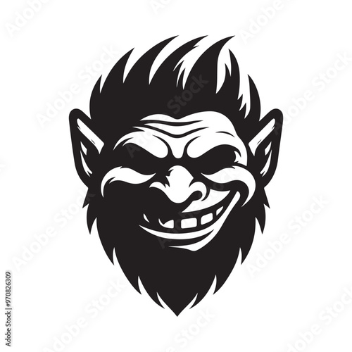 cartoon troll face, bold black and white illustration, mischievous smile, exaggerated features, sharp teeth, wild hair, stylized, graphic design, minimalist, symmetrical composition
