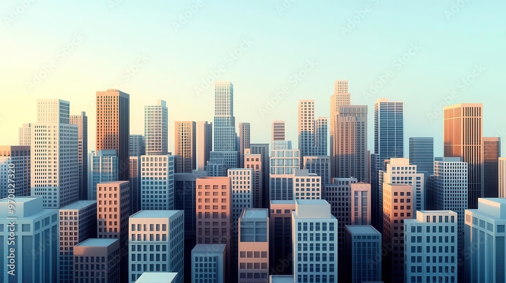 Obraz premium Produce a digital illustration of a wide-angle view depicting skyscrapers in a cityscape with a small business owner calculating estimated tax payments
