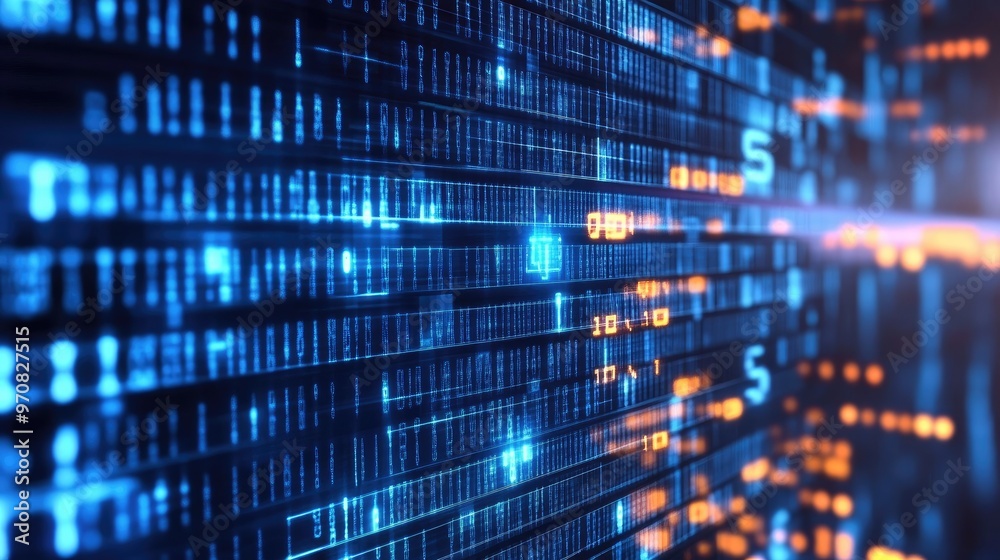 Abstract digital background with blue and orange binary code flowing in a futuristic style. Abstract digital background with blue and orange binary code flowing in a futuristic style.