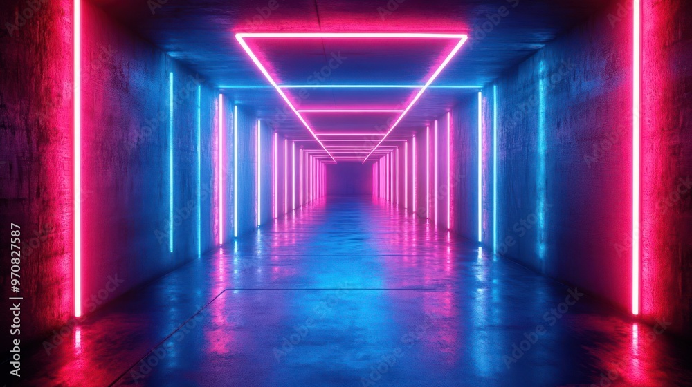 A brightly lit tunnel with pink and blue neon lights. A brightly lit tunnel with pink and blue neon lights.