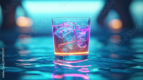 Swimmers diving into a glowing neon cocktail glass, Modern collage, party vibes, surreal action