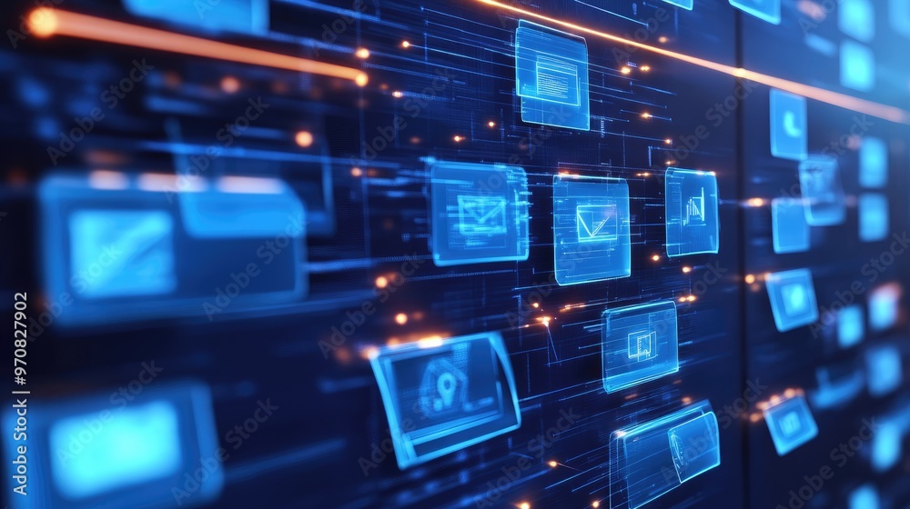 A futuristic blue and orange digital interface with glowing icons on a dark background.