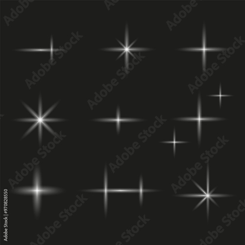 Glowing starburst icons. White light effects. Shining vector elements. Sparkling clean design.