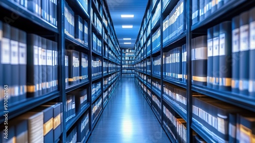 A long aisle in a library or archive with rows of bookshelves on both sides. The shelves are filled with books, and the aisle is lit by a bright light.