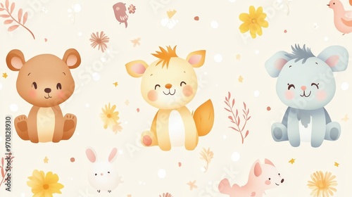 Cute Cartoon Animals with Flowers and Birds Illustration