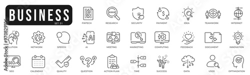 Business related original icons. Network, teamwork, payment, computing, seo, ai etc. Editable stroke. Set 21