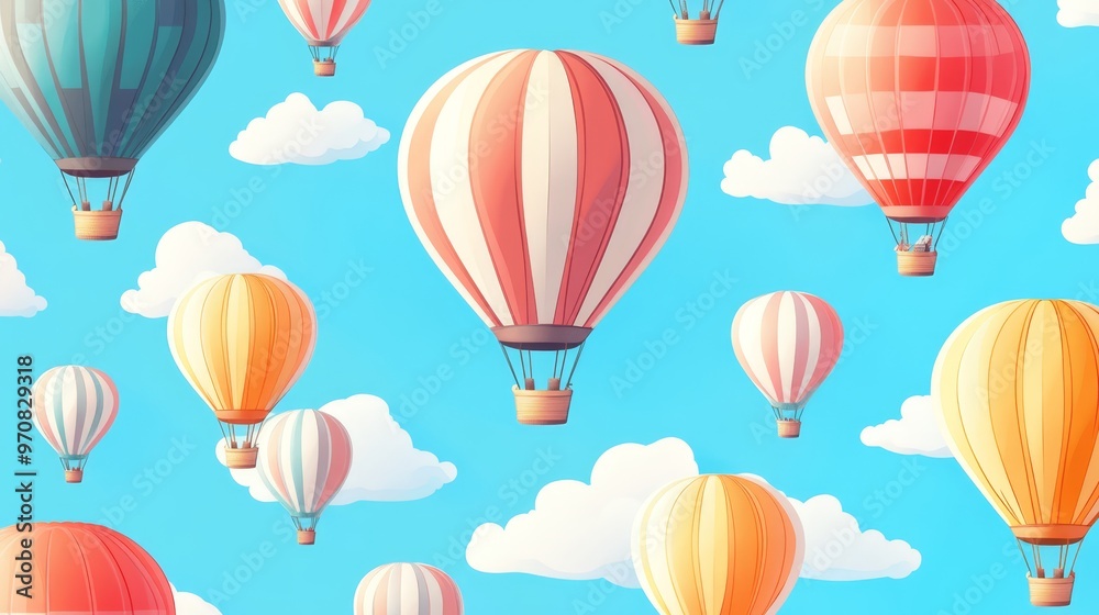Colorful Hot Air Balloons Floating in Blue Sky with White Clouds Colorful Hot Air Balloons Floating in Blue Sky with White Clouds