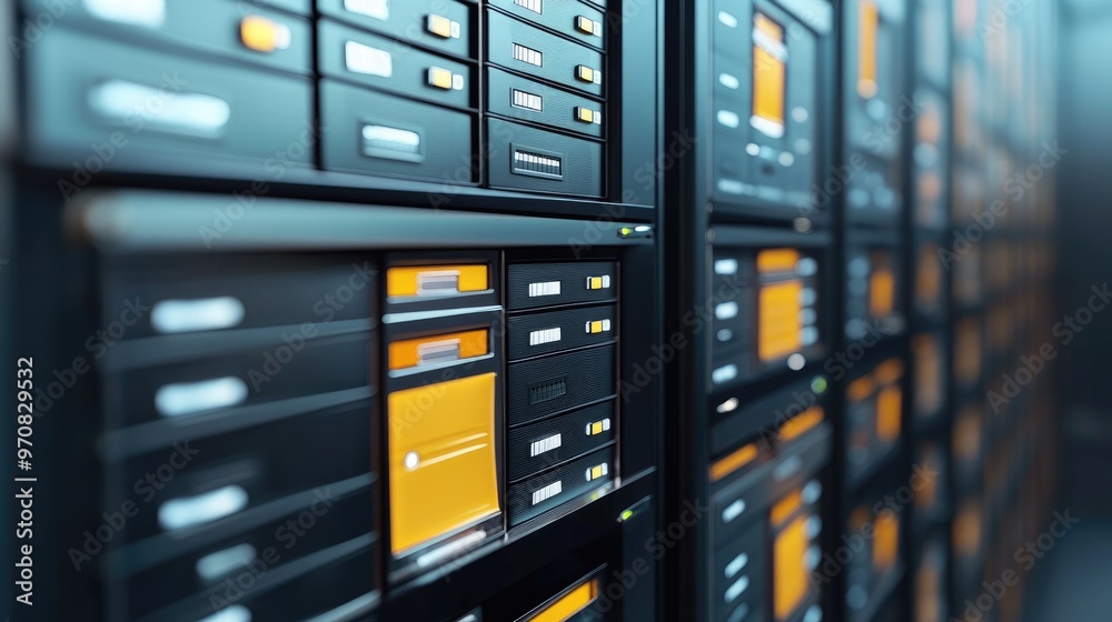 Rows of server racks in a data center with glowing lights. Rows of server racks in a data center with glowing lights.