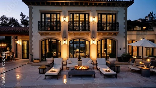 A Beautiful Glam House Exterior Showcasing a Luxurious Pool in the Yard, Blending Elegant Design with Contemporary Comfort