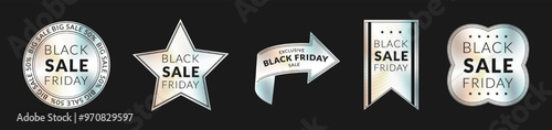 A set of holographic black Friday stickers. Color templates of holographic stickers with discounts. Vector illustration.