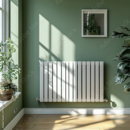 Modern White Radiator in Light Green Apartment