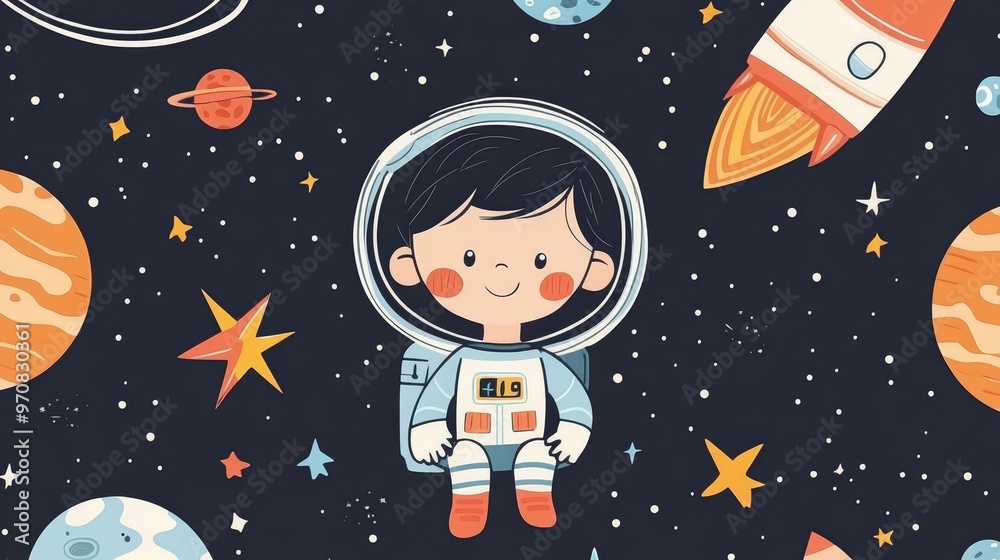 Cute Astronaut Kid in Space with Rocket and Planets Cute Astronaut Kid in Space with Rocket and Planets