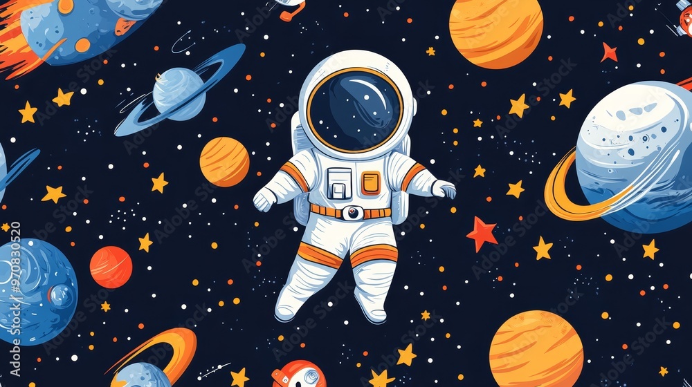 Fototapeta premium Astronaut in Space Seamless Pattern