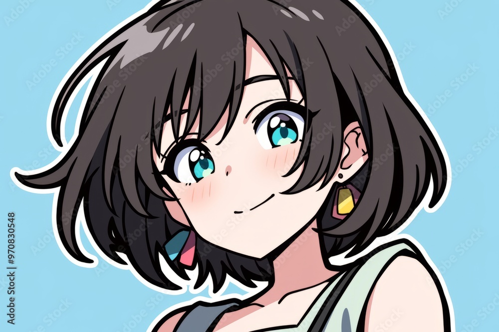 Charming Anime Girl with Short Black Hair: Vibrant Character Portrait with Blue Eyes and Colorful Earrings Charming Anime Girl with Short Black Hair: Vibrant Character Portrait with Blue Eyes and Colorful Earrings