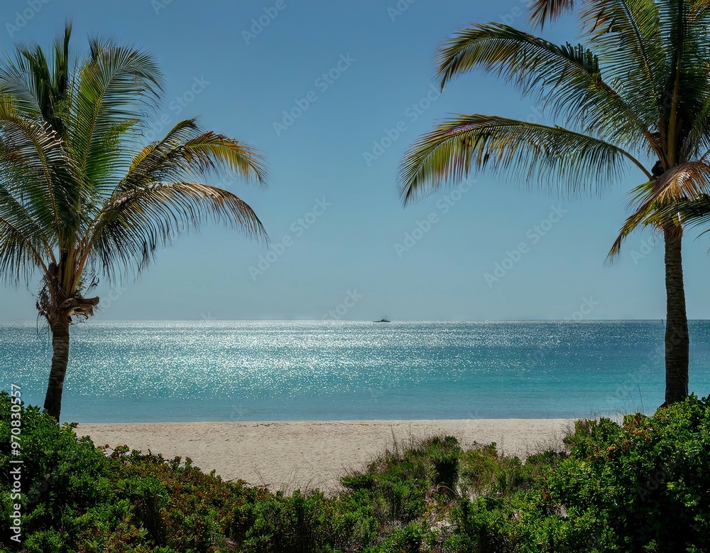 Fototapeta premium A serene tropical beach with clear water, palm trees, bright sun, and no people, evoking tranquility.