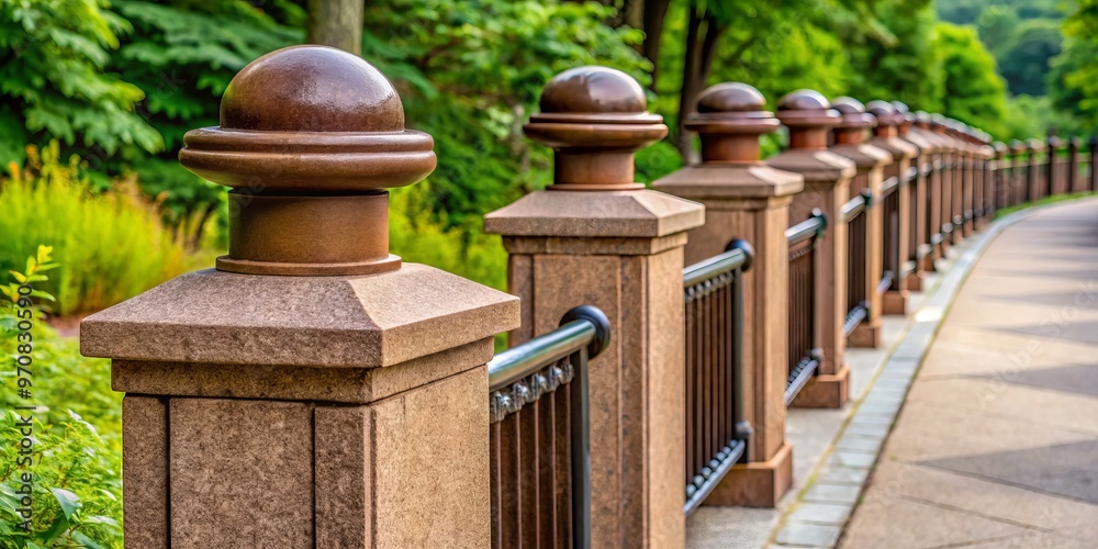 Brown concrete post caps sit atop cement pillars, braced by metal railings, complementing the rustic beauty of the Brown concrete post caps sit atop cement pillars, braced by metal railings, complementing the rustic beauty of the