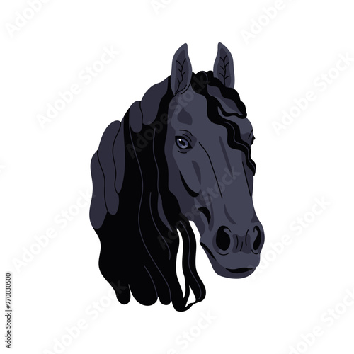 Friesian horse head, majestic stallion with black mane. Elegant beautiful noble purebred stallion, equine avatar, thoroughbred animal portrait. Flat vector illustration isolated on white background