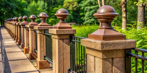 Brown concrete post caps crown the cement pillars, supporting metal railings alongside a meandering stone walkway,