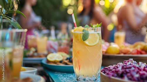 Lemon spritzers on a festive party table with colorful decorations photo