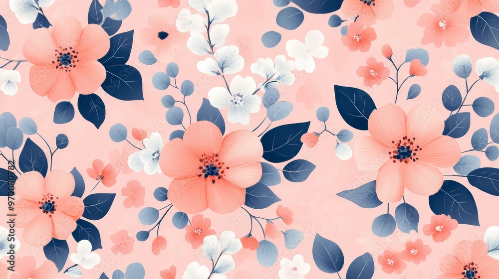 Pastel Pink Floral Pattern with Blue Leaves Pastel Pink Floral Pattern with Blue Leaves