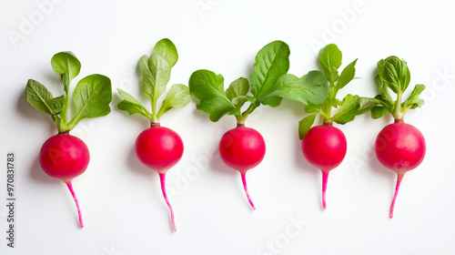 Bright red radishes with leafy tops, freshly plucked from the earth, showcasing their crisp, peppery flavor. photo