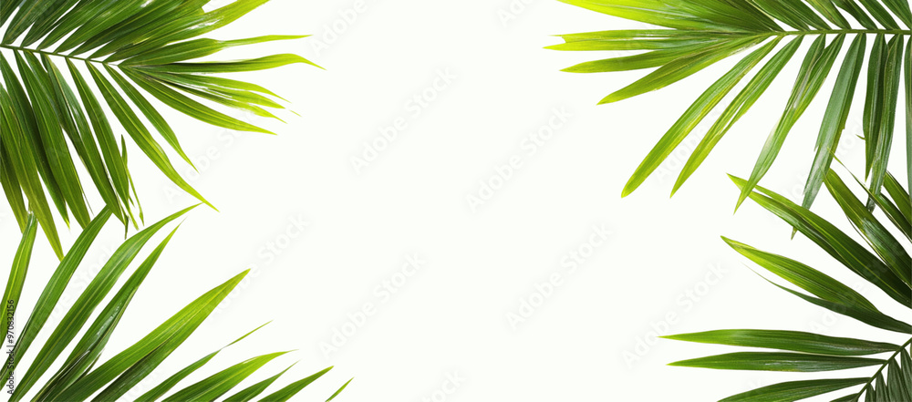 Isolated palm leaves on a white background, with a green tropical leaf border frame and copy space for text and design. Isolated palm leaves on a white background, with a green tropical leaf border frame and copy space for text and design.