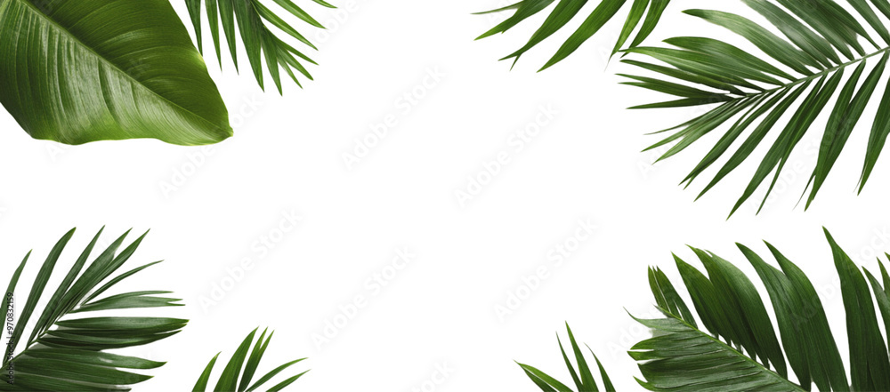 Isolated palm leaves on a white background, with a green tropical leaf border frame and copy space for text and design. Isolated palm leaves on a white background, with a green tropical leaf border frame and copy space for text and design.