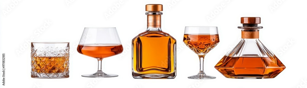 A stylish collection of whiskey bottles and glasses showcasing rich colors and elegant designs, perfect for beverage enthusiasts. A stylish collection of whiskey bottles and glasses showcasing rich colors and elegant designs, perfect for beverage enthusiasts.