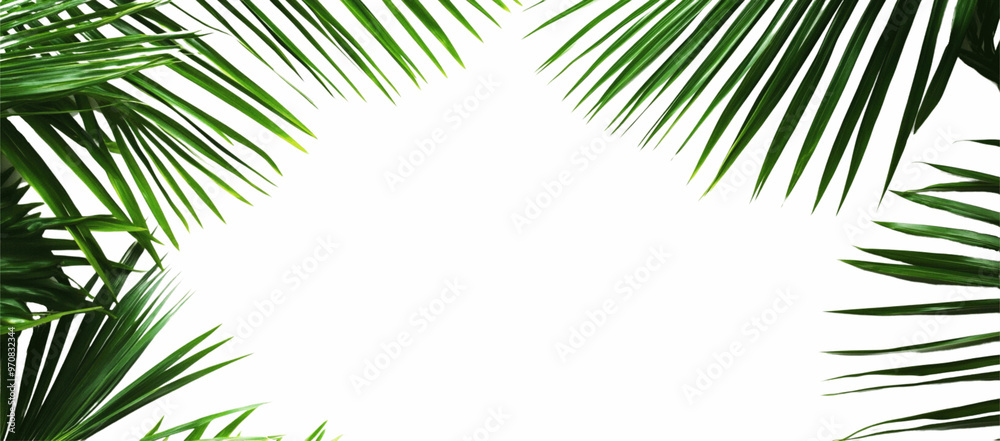 Obraz premium Isolated palm leaves on a white background, with a green tropical leaf border frame and copy space for text and design.