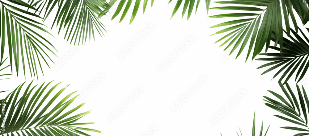 Isolated palm leaves on a white background, with a green tropical leaf border frame and copy space for text and design. Isolated palm leaves on a white background, with a green tropical leaf border frame and copy space for text and design.