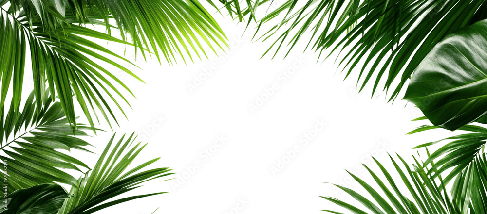 Isolated palm leaves on a white background, with a green tropical leaf border frame and copy space for text and design. Isolated palm leaves on a white background, with a green tropical leaf border frame and copy space for text and design.