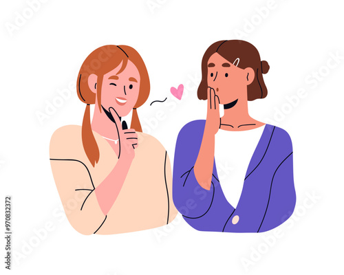 Girl flirting with playful smile, surprised woman friend looking with shocked expression, emotion. Young enamored female in playful happy mood. Flat vector illustration isolated on white background