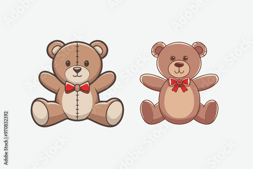 vector illustration  set of a teddy bear plush toy wearing a bow on a white background 